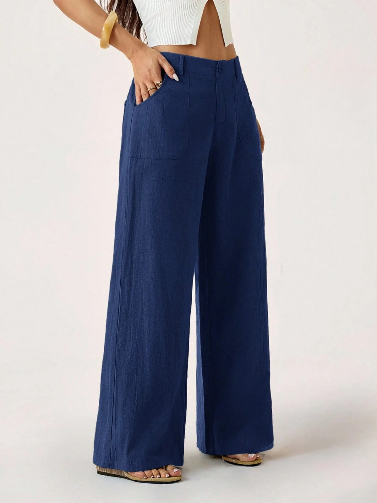 Linen-Blend Wide-Leg Pants in Blue