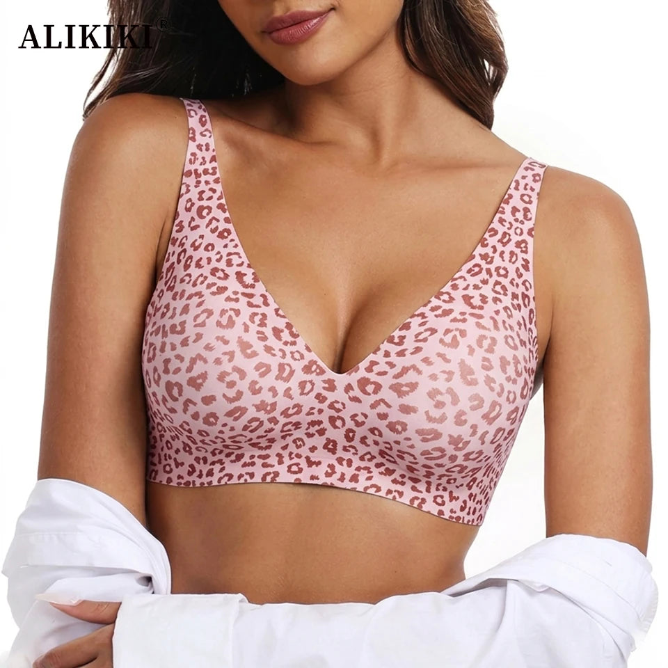 Pink Leopard Deep V Jelly Bras Wireless Comfortable Bra Supportive No Underwire Bras Tshirt Push up Bralette Plunge Seamless Bra