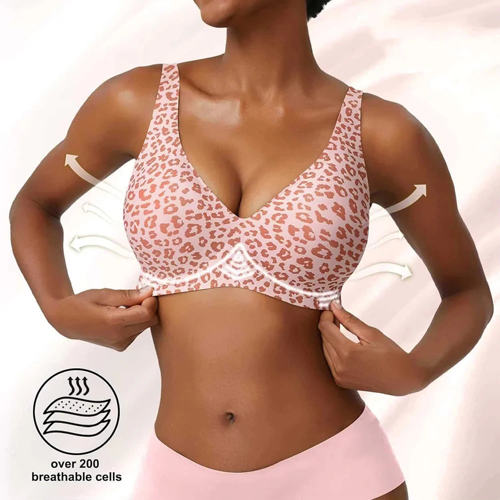 Pink Leopard Deep V Jelly Bras Wireless Comfortable Bra Supportive No Underwire Bras Tshirt Push up Bralette Plunge Seamless Bra