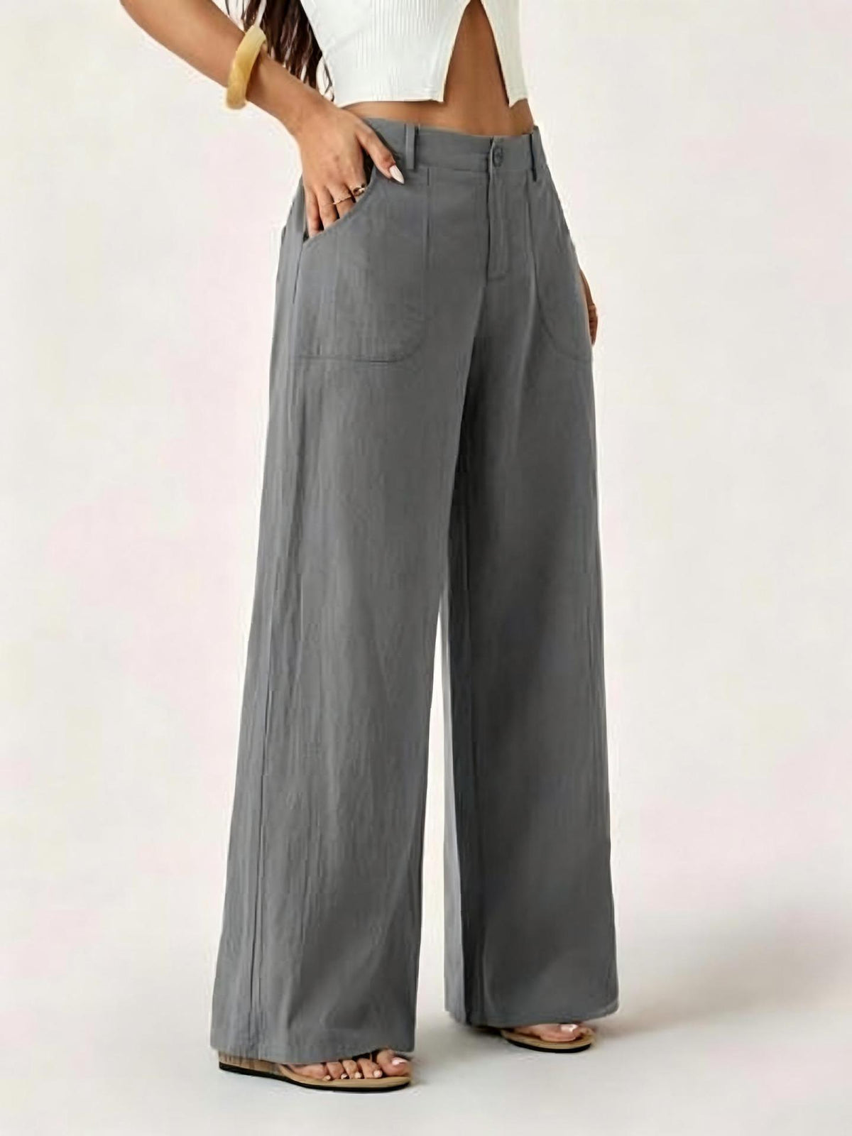 Linen-Blend Wide-Leg Pants in Gray