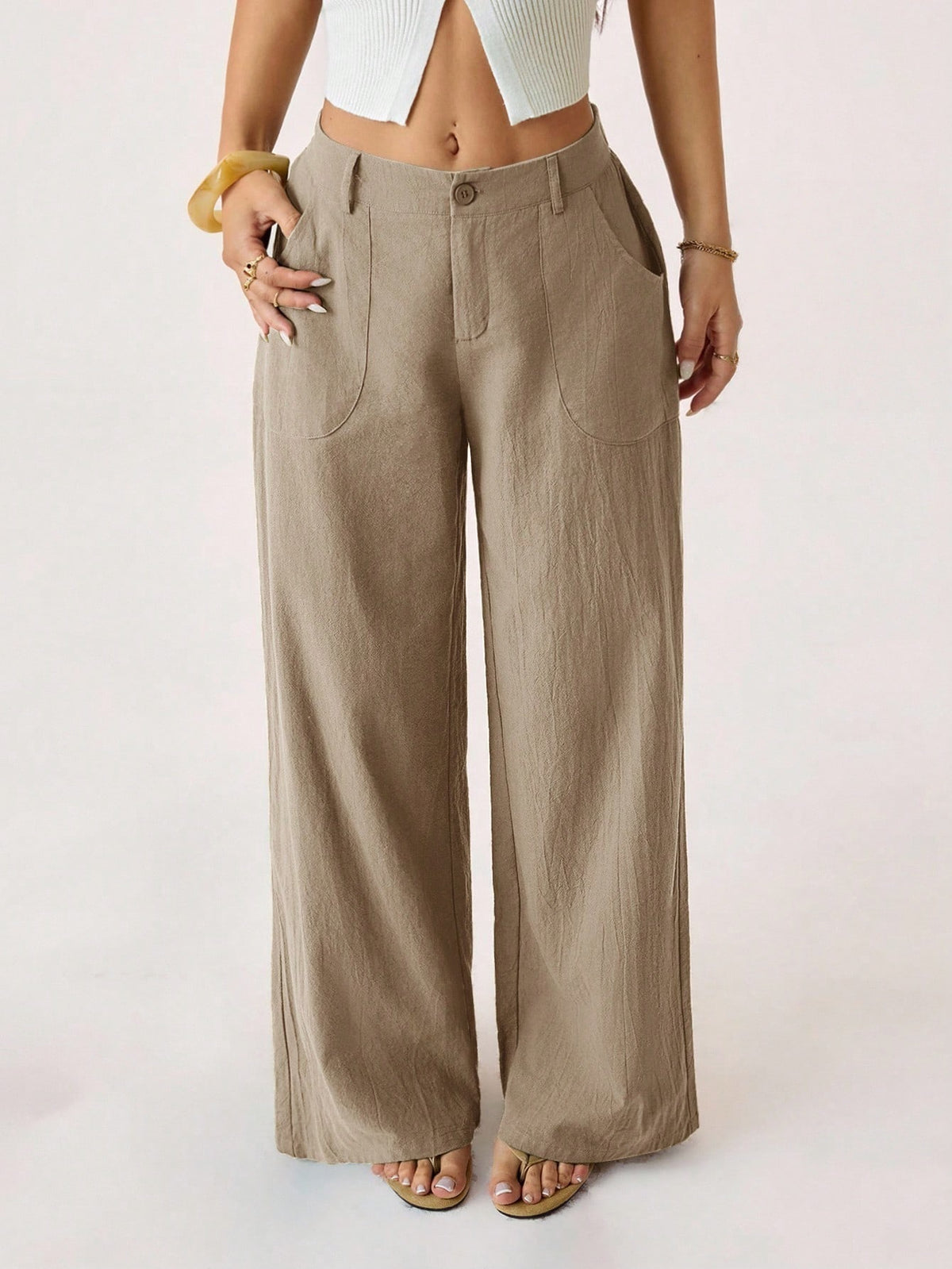 Linen-Blend Wide-Leg Pants in Apricot