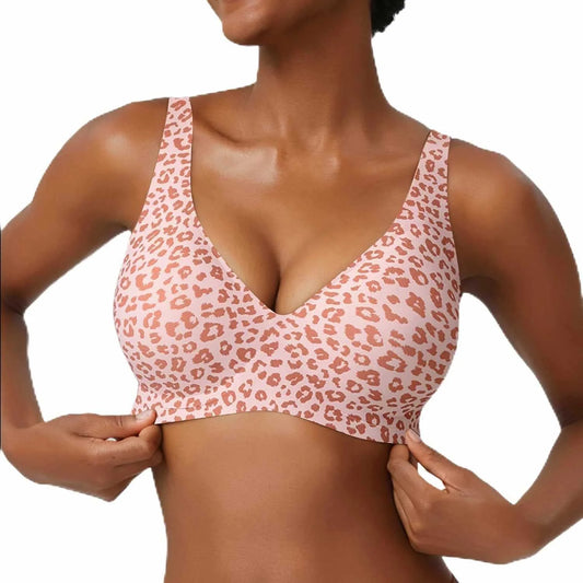 Pink Leopard Deep V Jelly Bras Wireless Comfortable Bra Supportive No Underwire Bras Tshirt Push up Bralette Plunge Seamless Bra