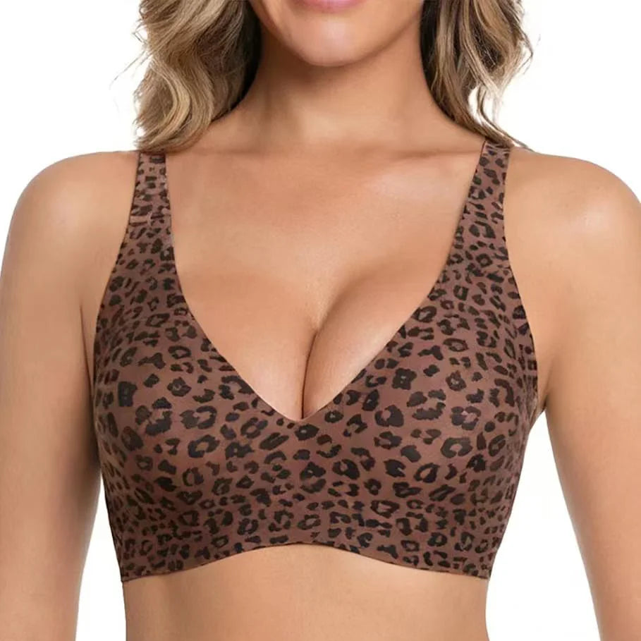 Pink Leopard Deep V Jelly Bras Wireless Comfortable Bra Supportive No Underwire Bras Tshirt Push up Bralette Plunge Seamless Bra