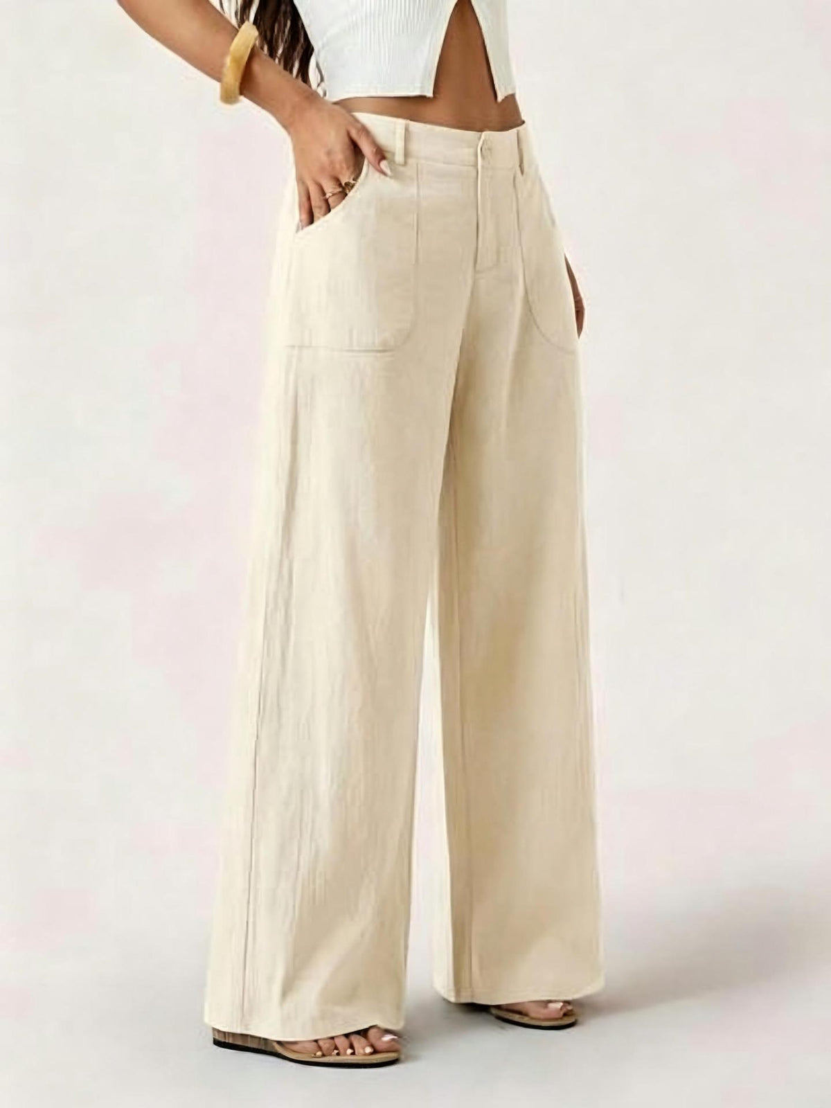 Linen-Blend Wide-Leg Pants in Light Apricot