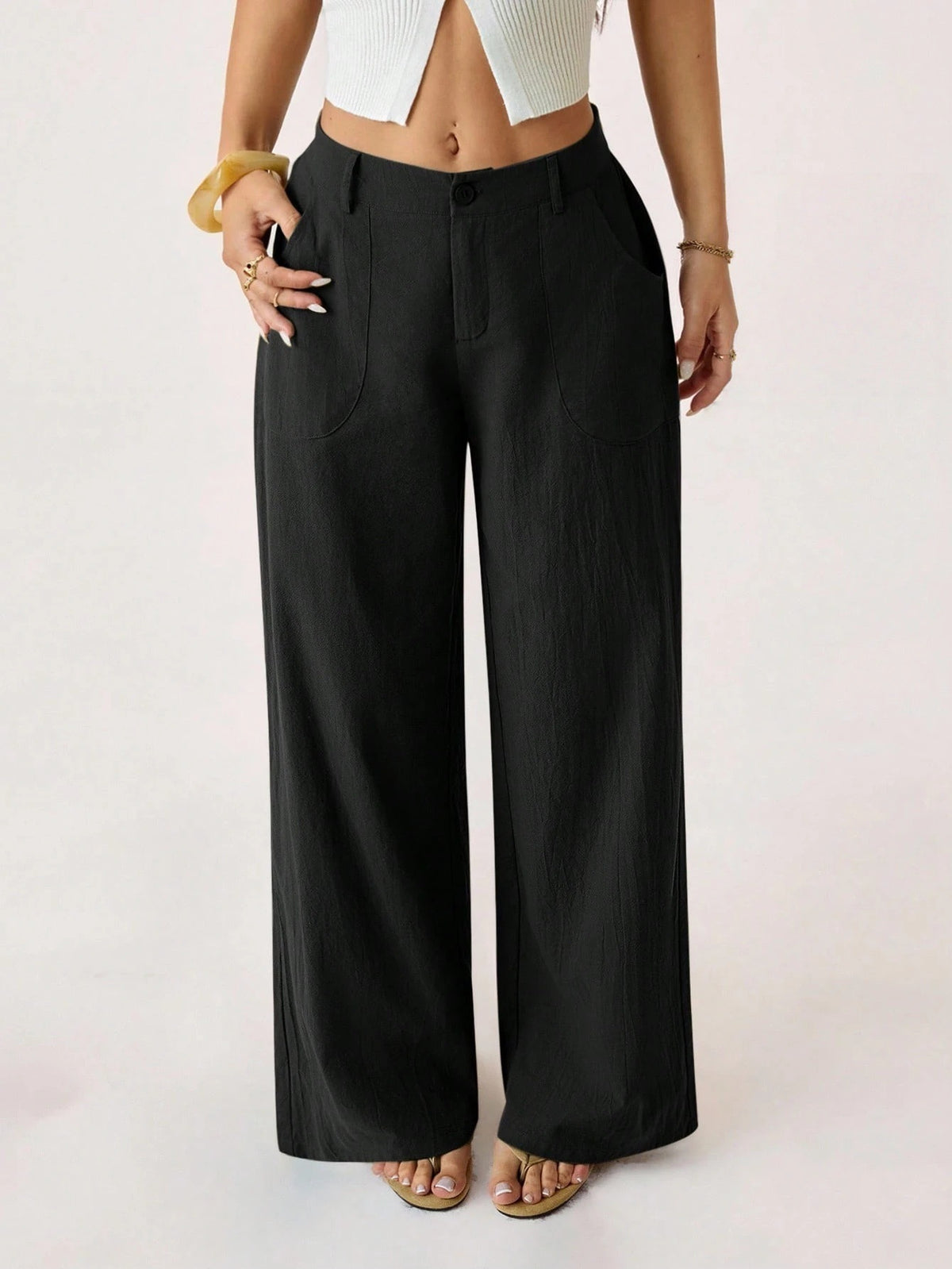 Linen-Blend Wide-Leg Pants in Black