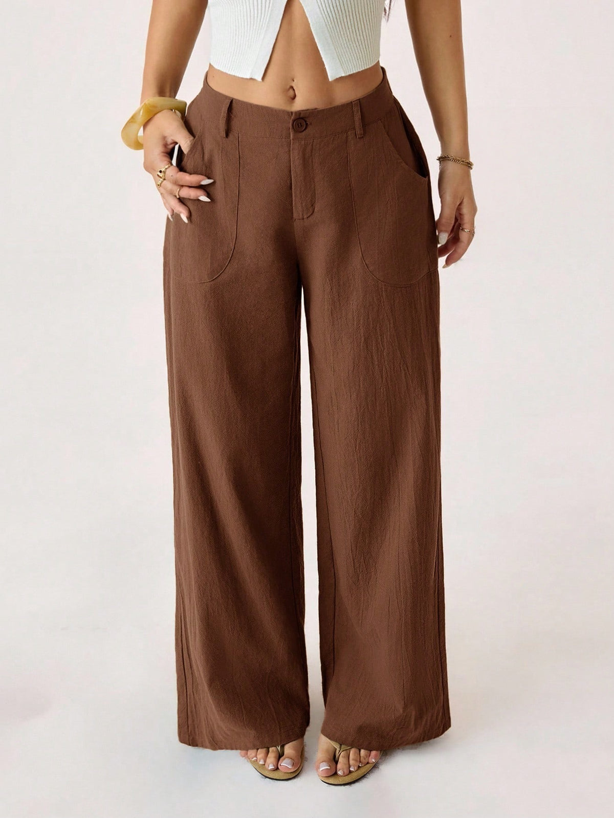 Linen-Blend Wide-Leg Pants in Brick Red