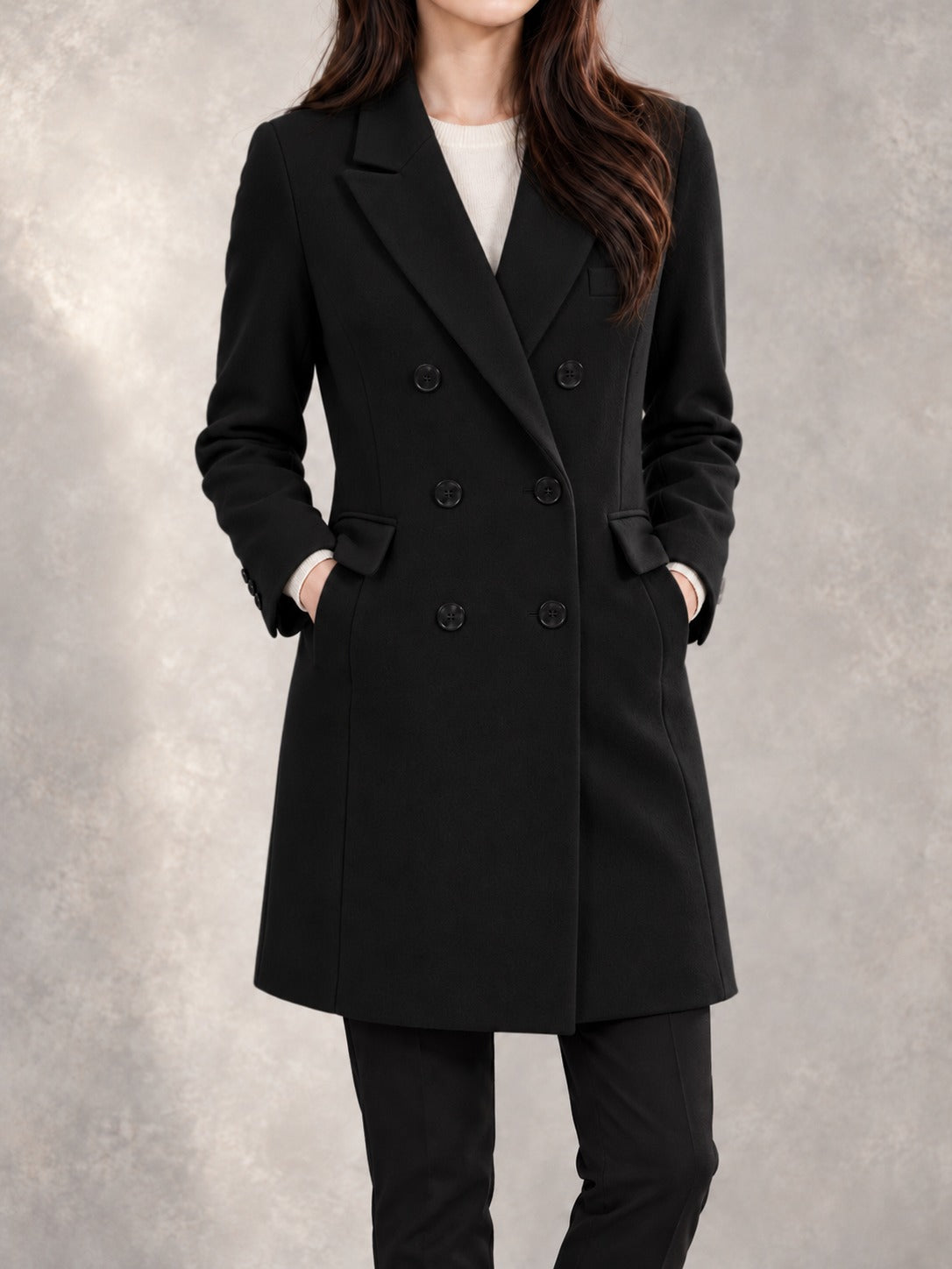 Double-Breasted Winter Coat in Black, front view