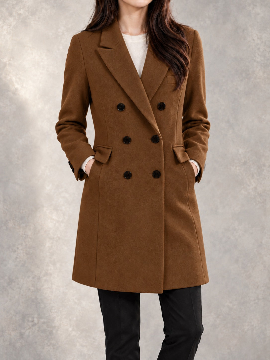 Double-Breasted Winter Coat in Camel, front view