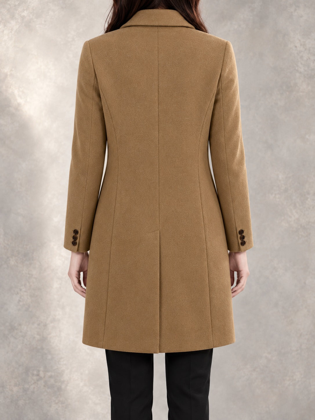Double-Breasted Winter Coat in Khaki, back view