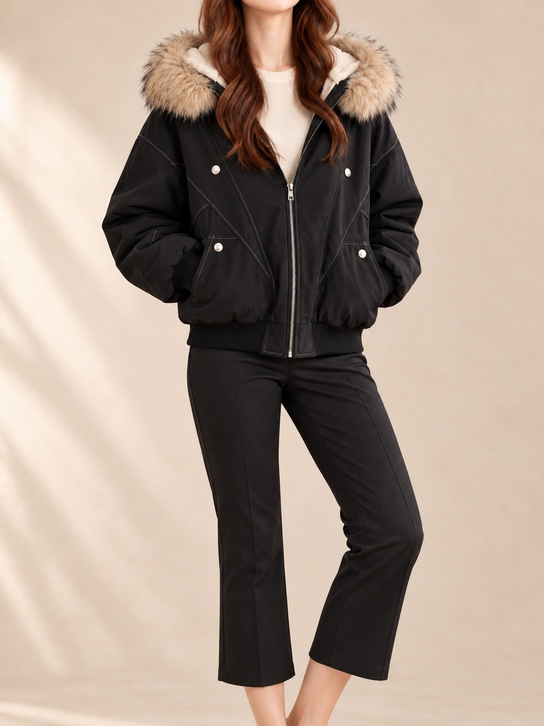 Hooded Puffer Jacket in Black, front view