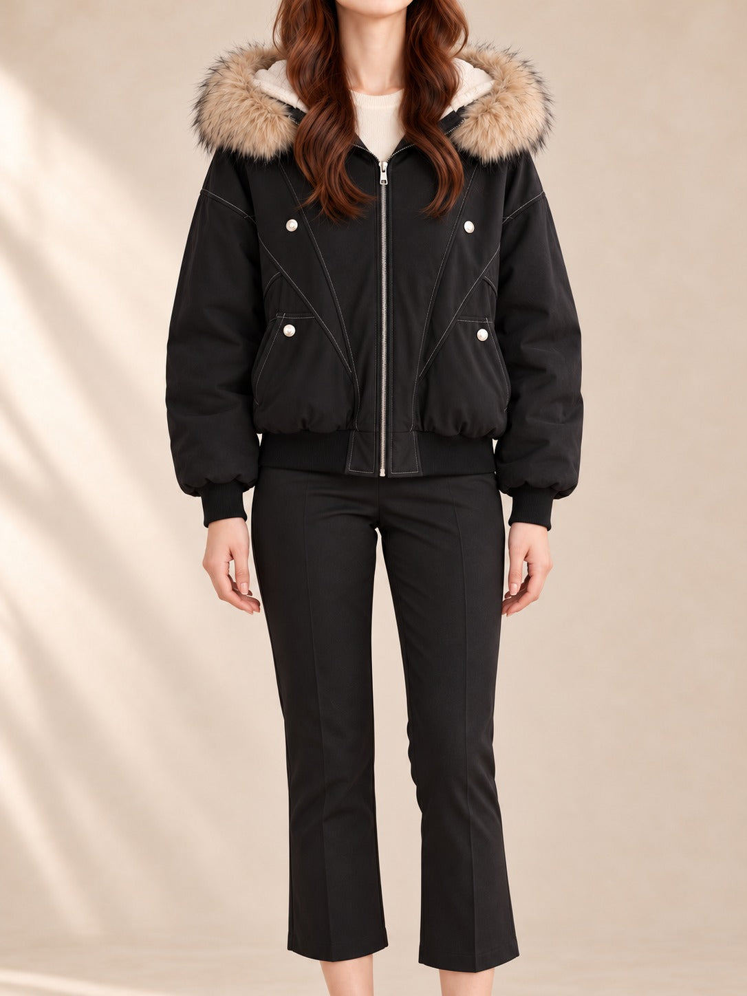 Hooded Puffer Jacket in Black, full-length front view