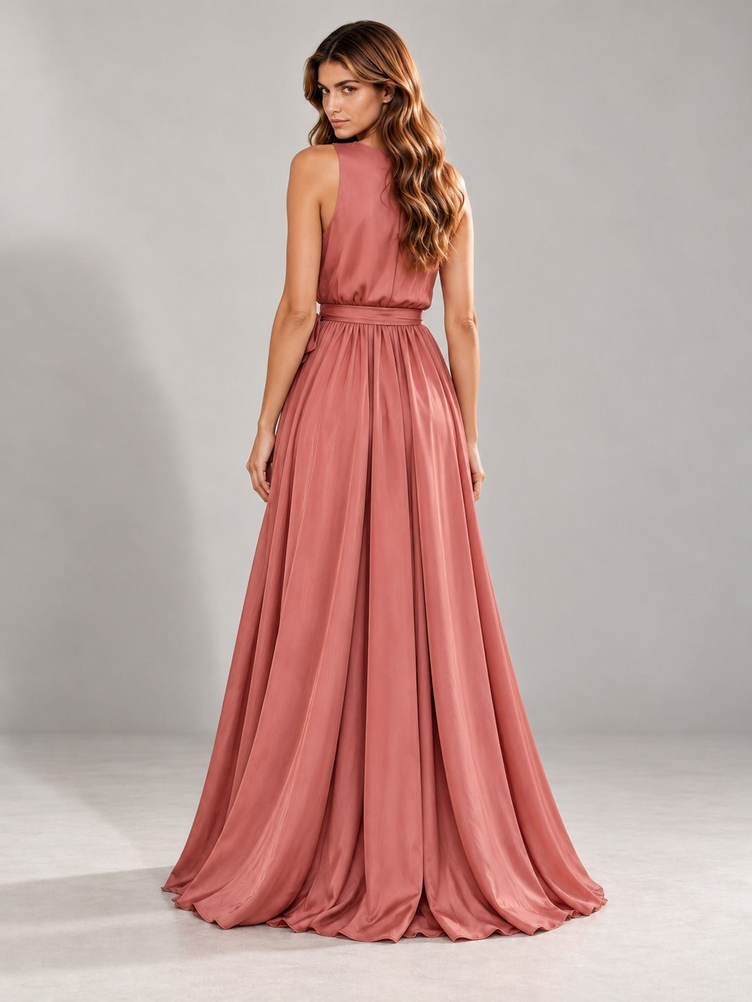 V-Neck Maxi Dress with Slit in Pink, back view
