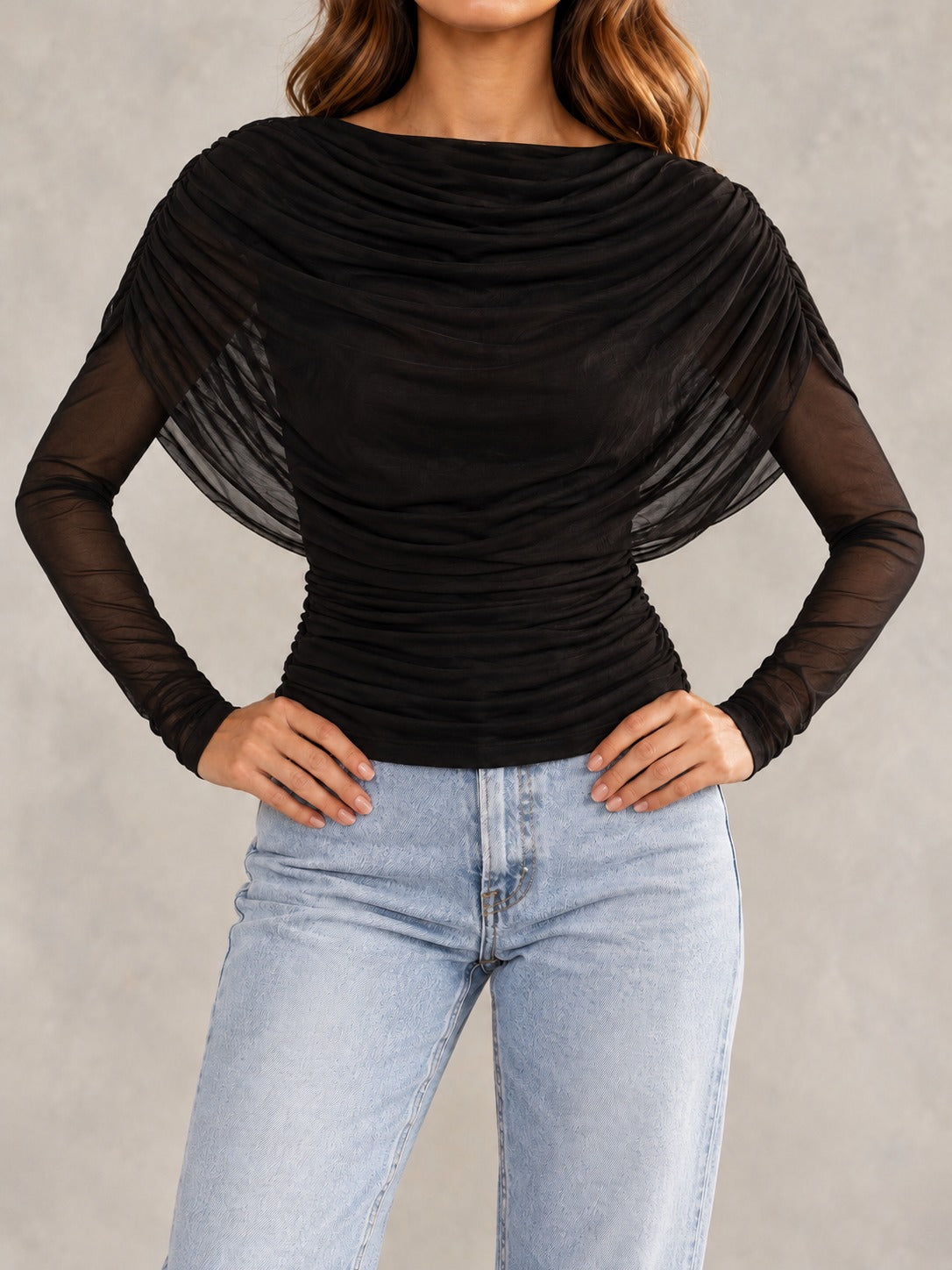 Crinkle Tie-Neck Blouse in Black (Long Sleeve), styled on model