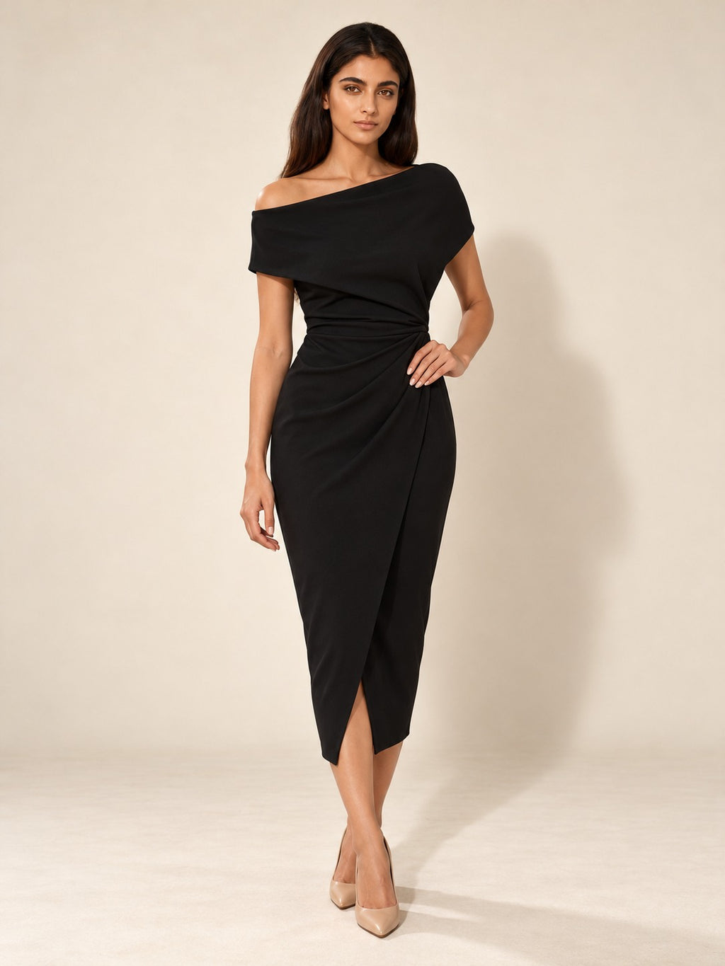 Ruched Knit Midi Dress in Black, front view