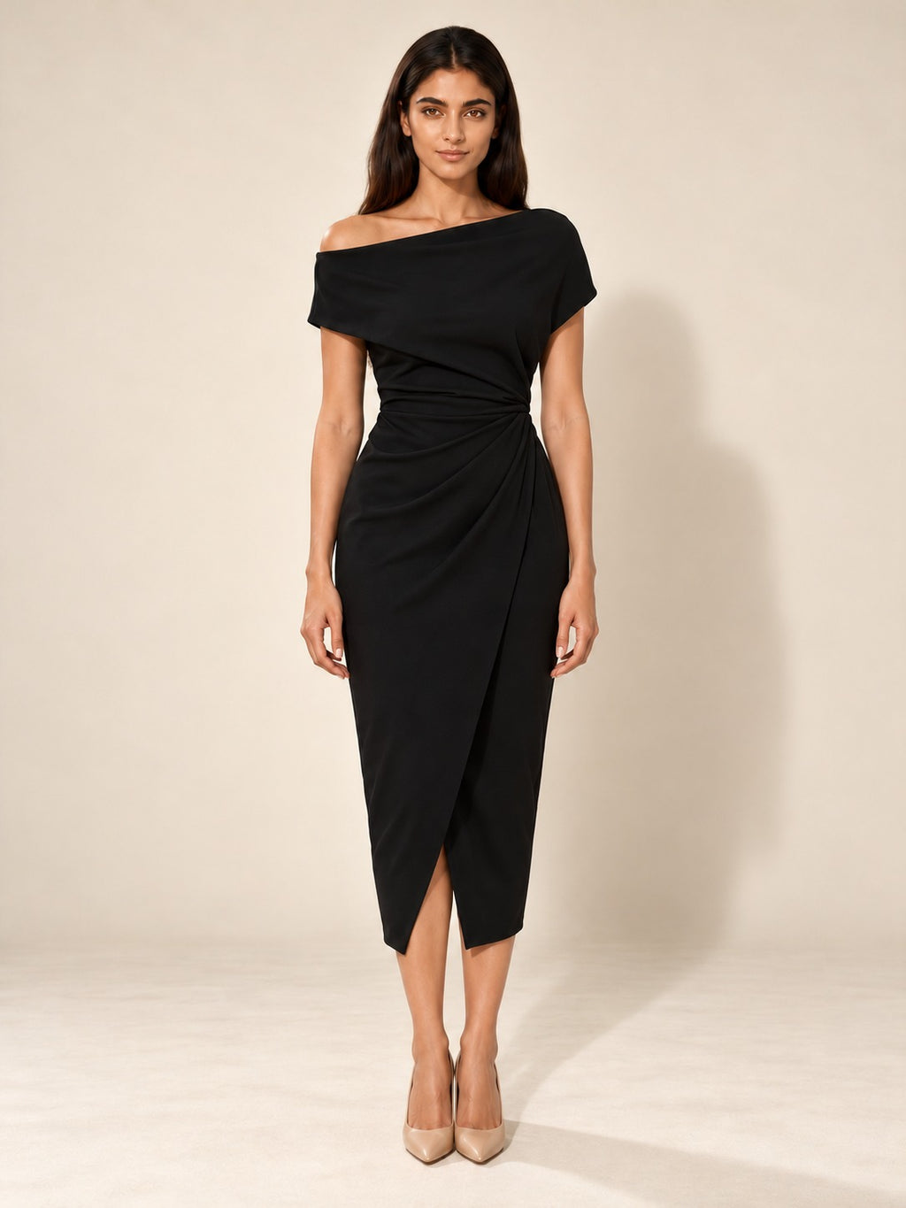 Ruched Knit Midi Dress in Black, full-length front view