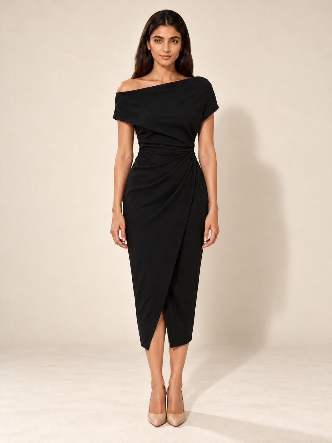 Ruched Knit Midi Dress in Black, full-length front view