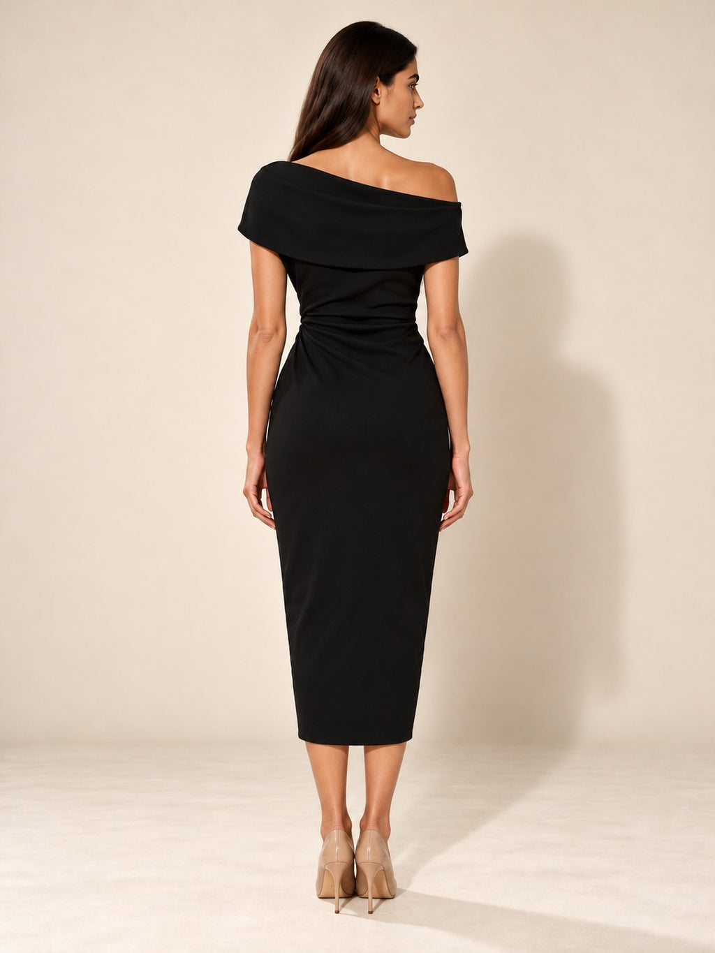 Ruched Knit Midi Dress in Black, back view