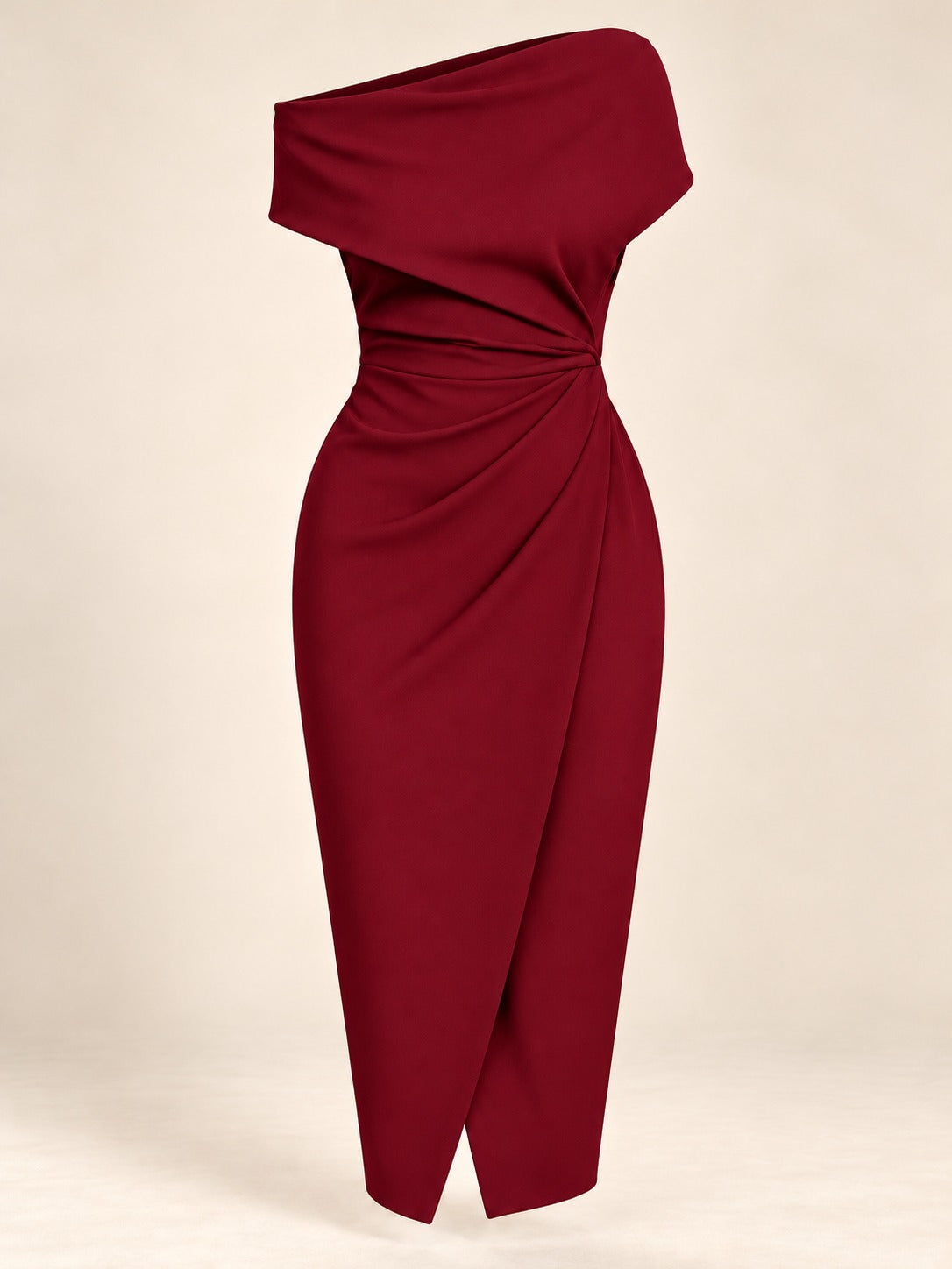 Ruched Knit Midi Dress in Burgundy, product only