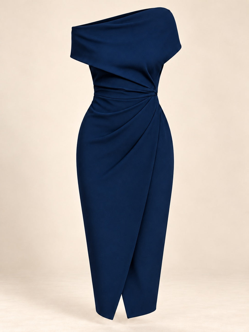 Ruched Knit Midi Dress in Navy Blue, product only