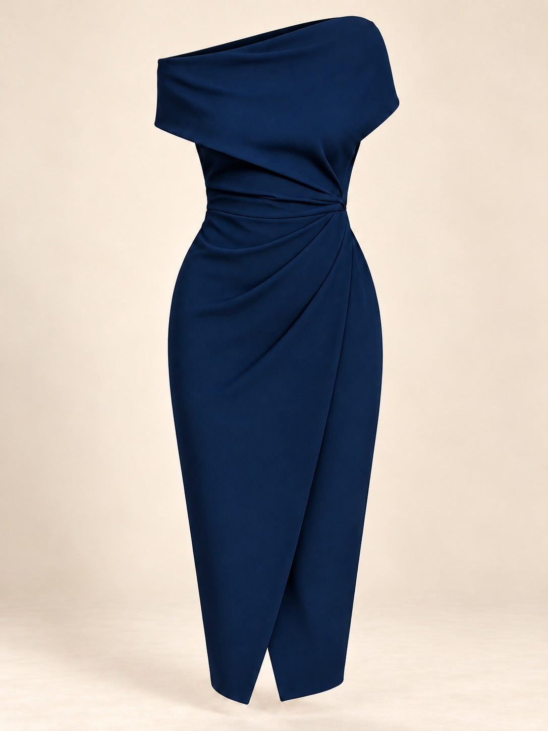 Ruched Knit Midi Dress in Navy Blue, product only