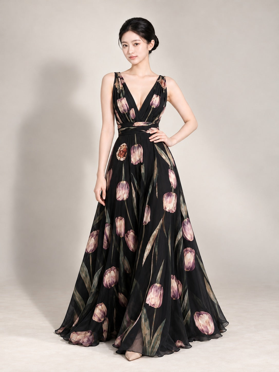 Floral Print Maxi Dress in Black, front view