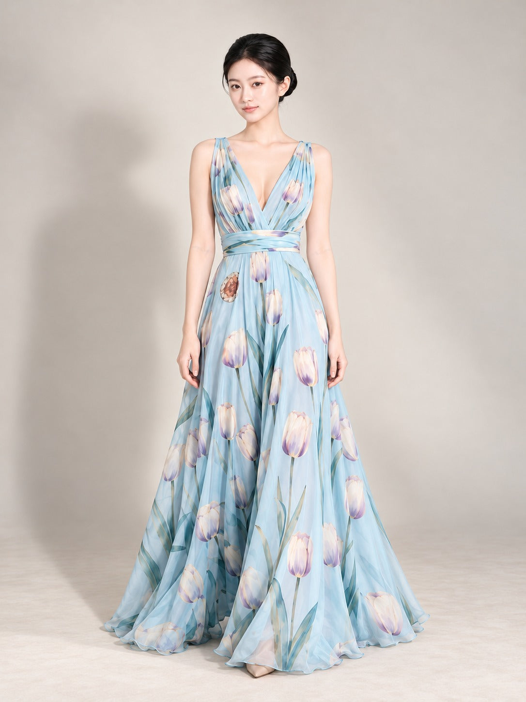 Floral Print Maxi Dress in Blue, full-length front view