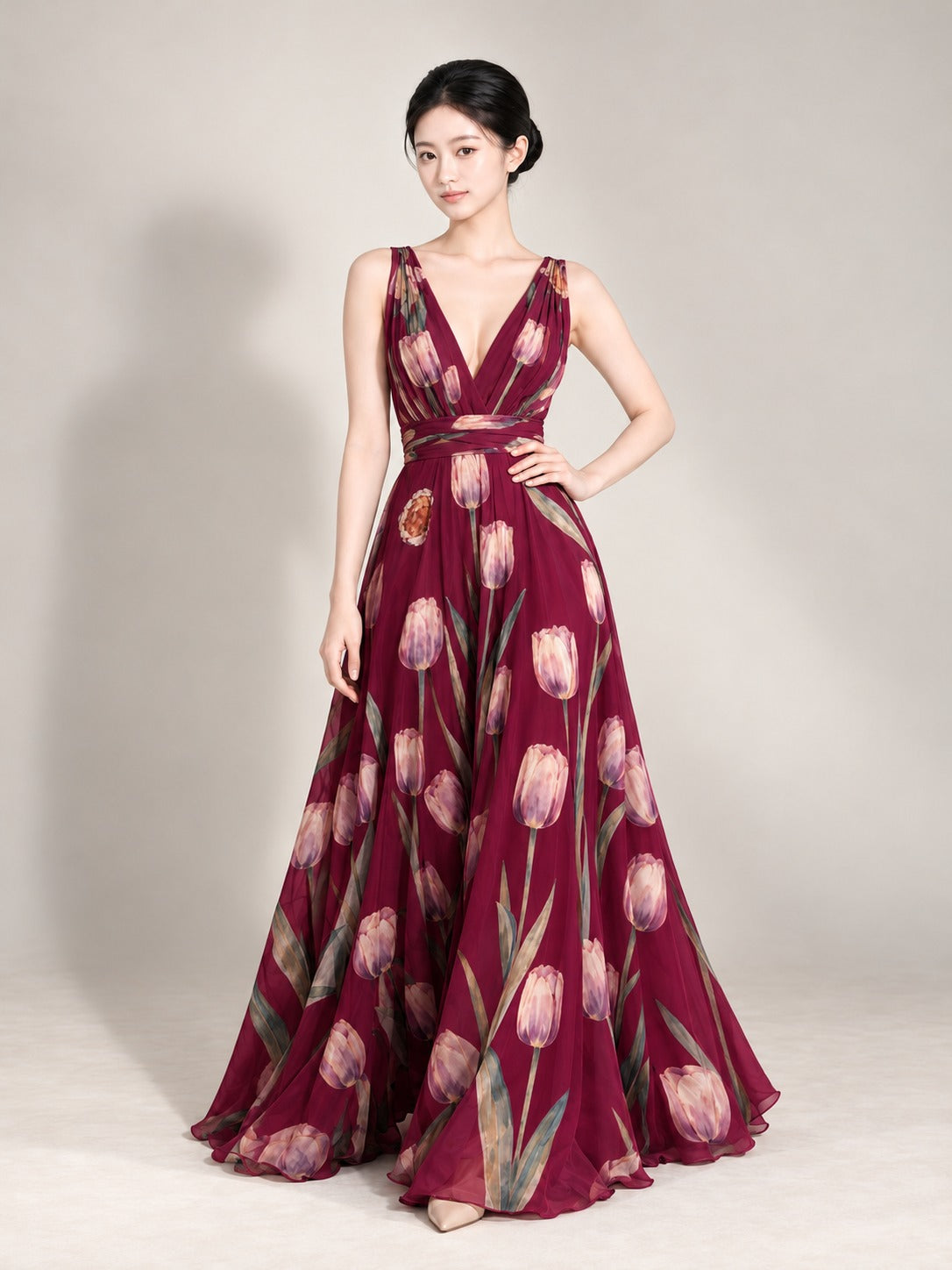 Floral Print Maxi Dress in Wine Red, front view
