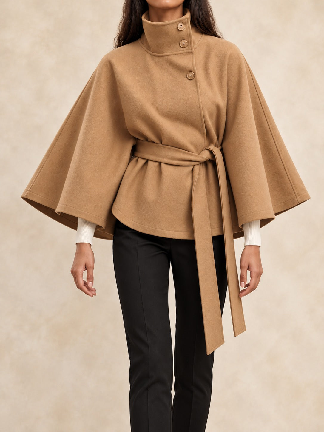 Belted Trench Coat with Cape in Khaki, full-length front view