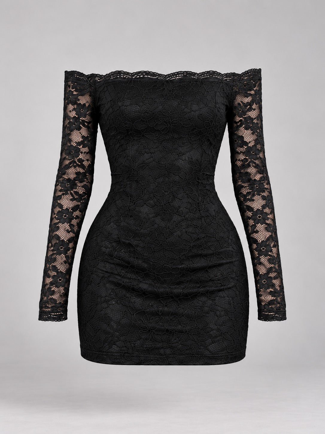 Black Off-Shoulder Lace Mini Dress in Black, product only