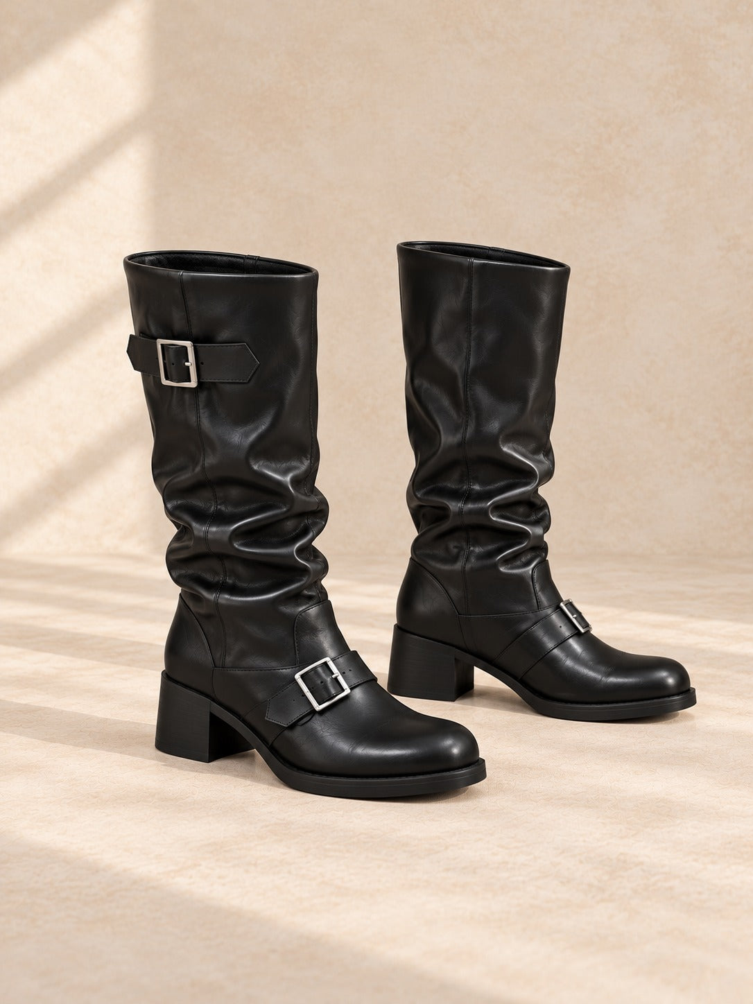 Buckled Mid-Calf Slouch Boots in Black, product only