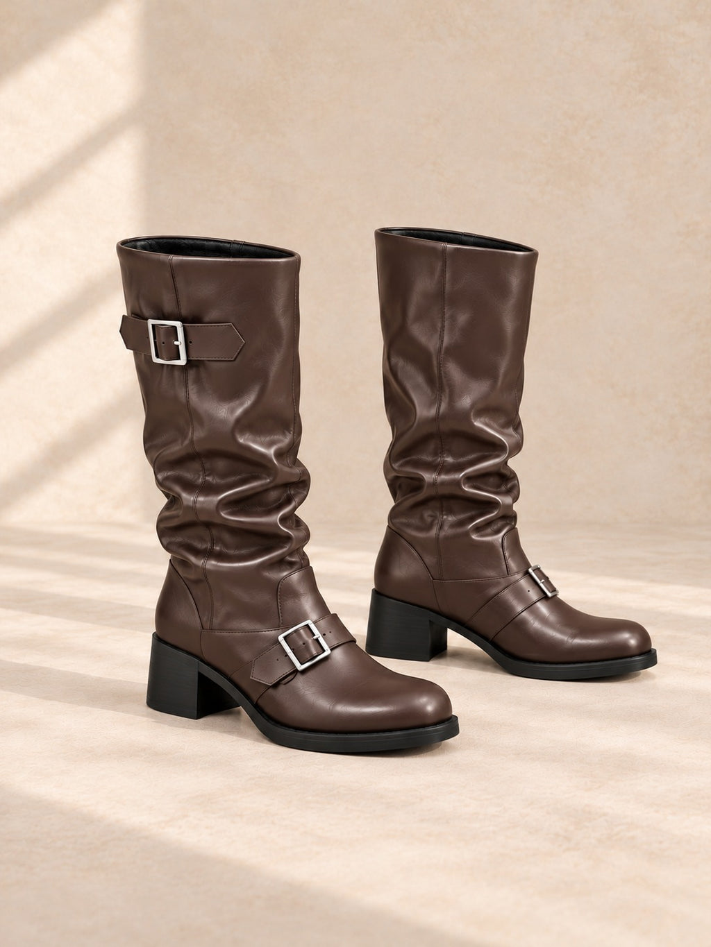 Buckled Mid-Calf Slouch Boots in Brown, product only