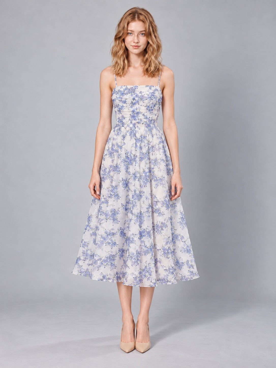 Chiffon Off-Shoulder Evening Dress in Blue, full-length front view