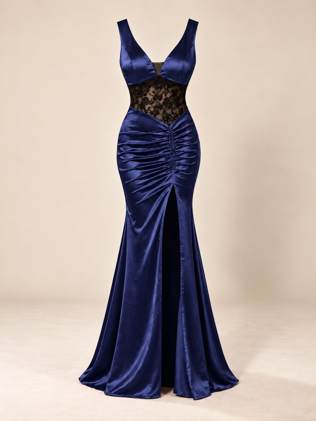 Backless Mermaid Gown with Slit in Navy Blue, product only