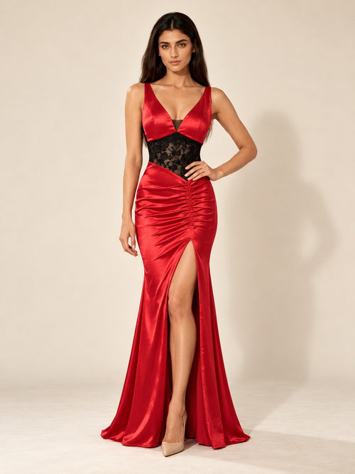 Backless Mermaid Gown with Slit in Red, front view