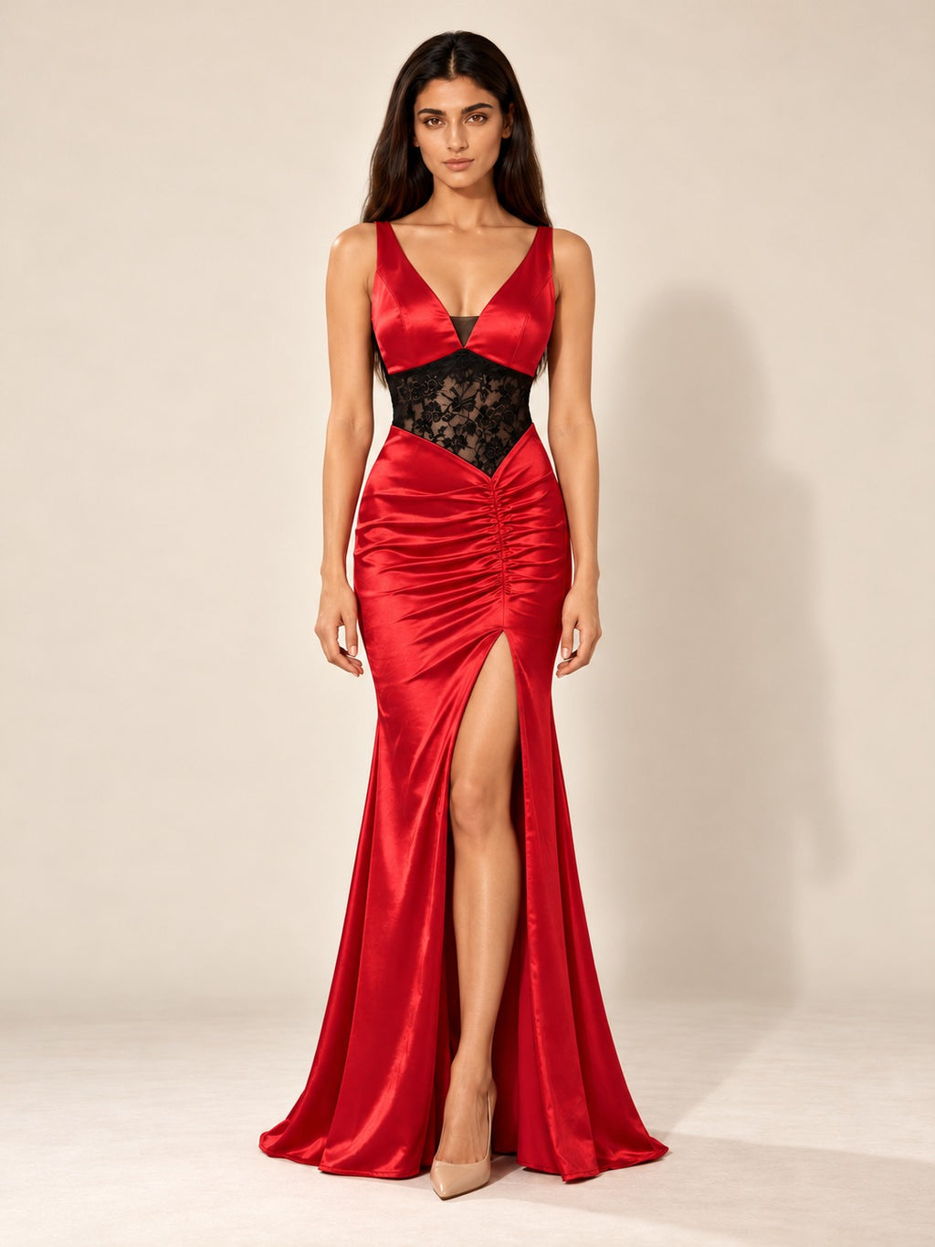 Backless Mermaid Gown with Slit in Red, full-length front view