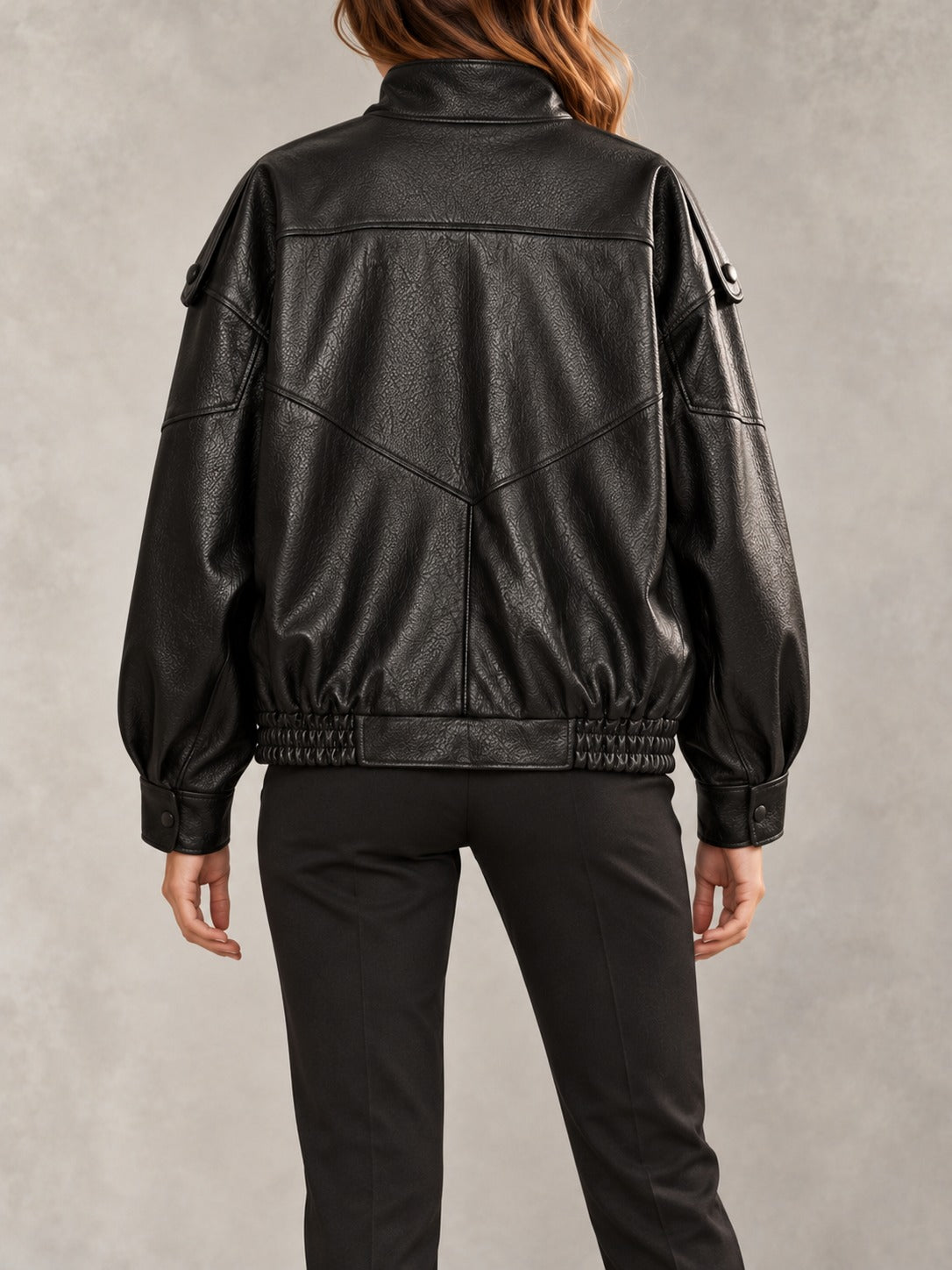 Faux Leather Band Collar Jacket in Black, back view