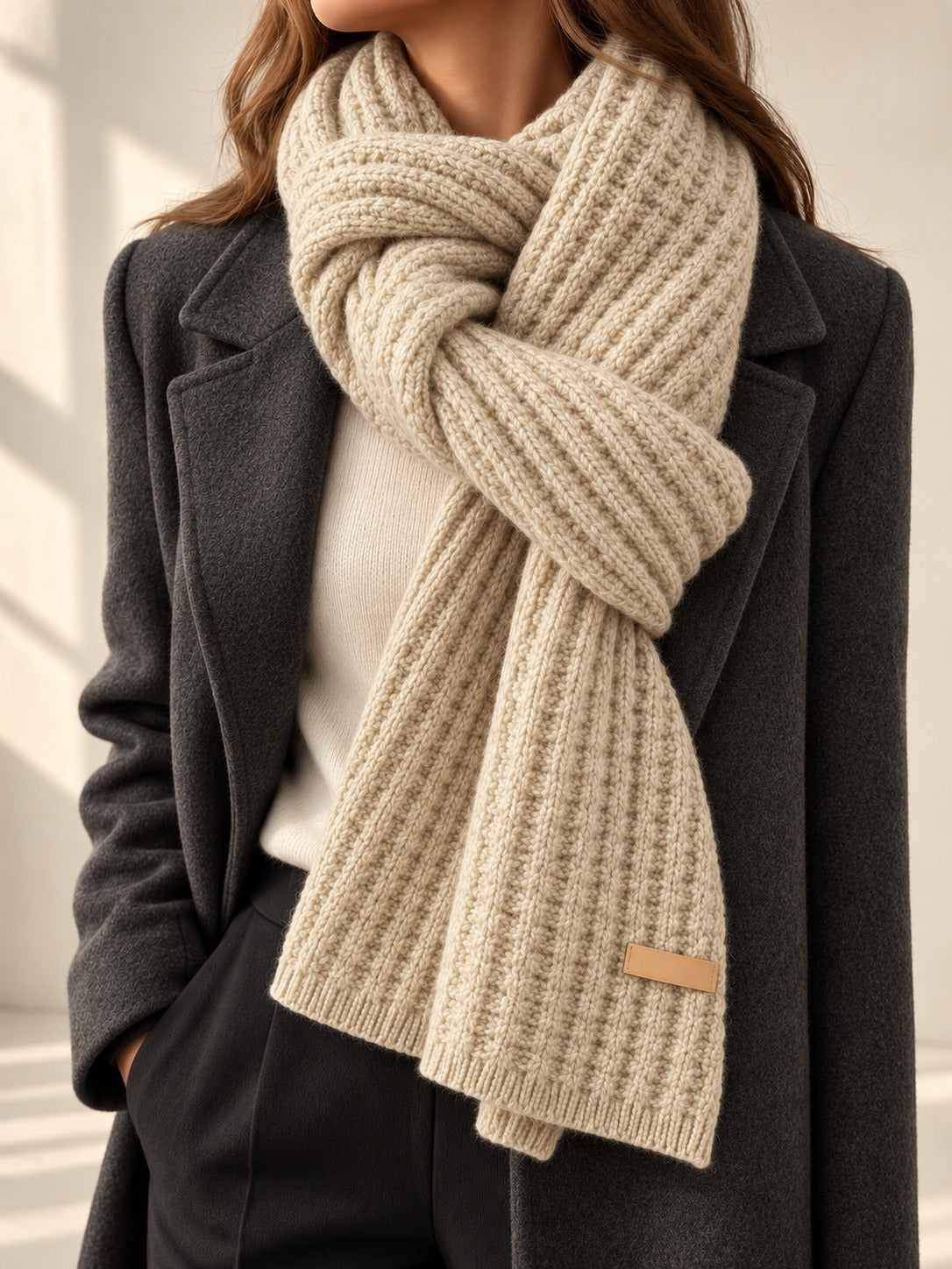 Patterned Knit Winter Scarf in Off-White (Small Label), styled on model