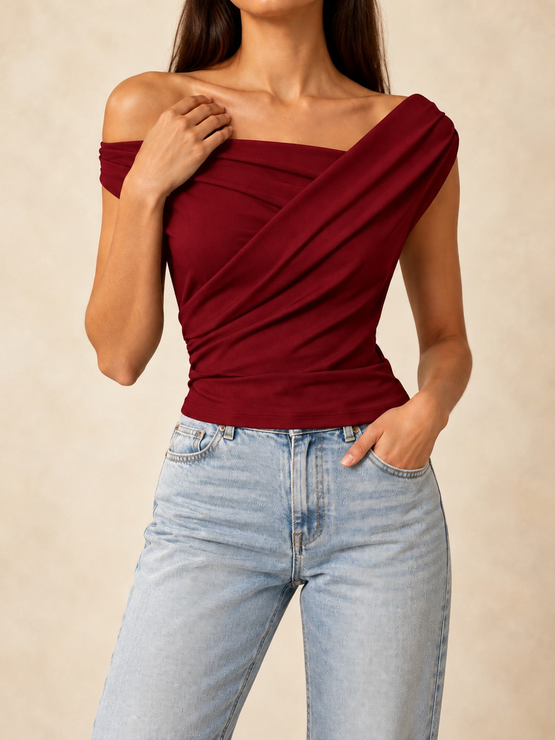 One-Shoulder Bodycon Top in Burgundy, styled on model
