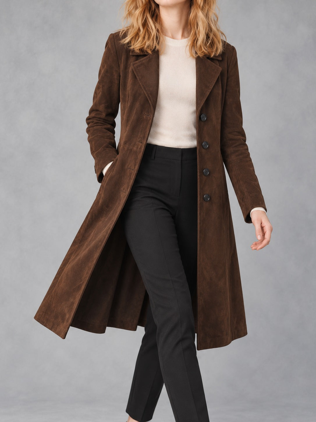 Dark Brown Faux Suede Long Coat in Dark Brown, front view