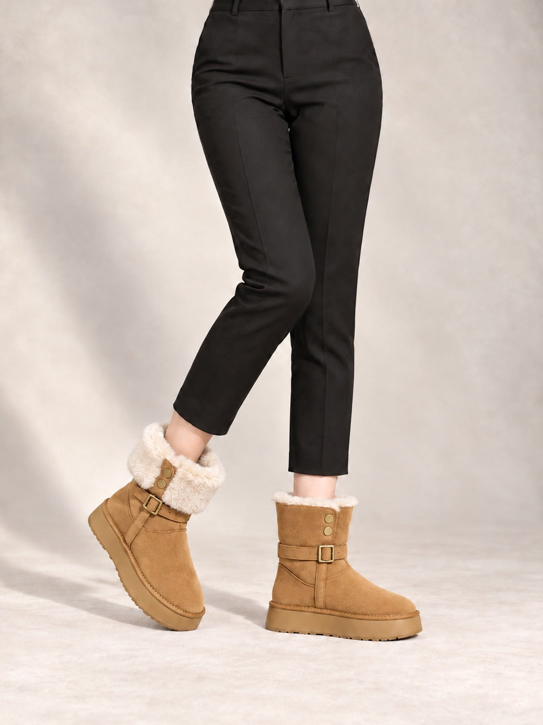Plush Lined Ankle Snow Boots in Camel, styled on model