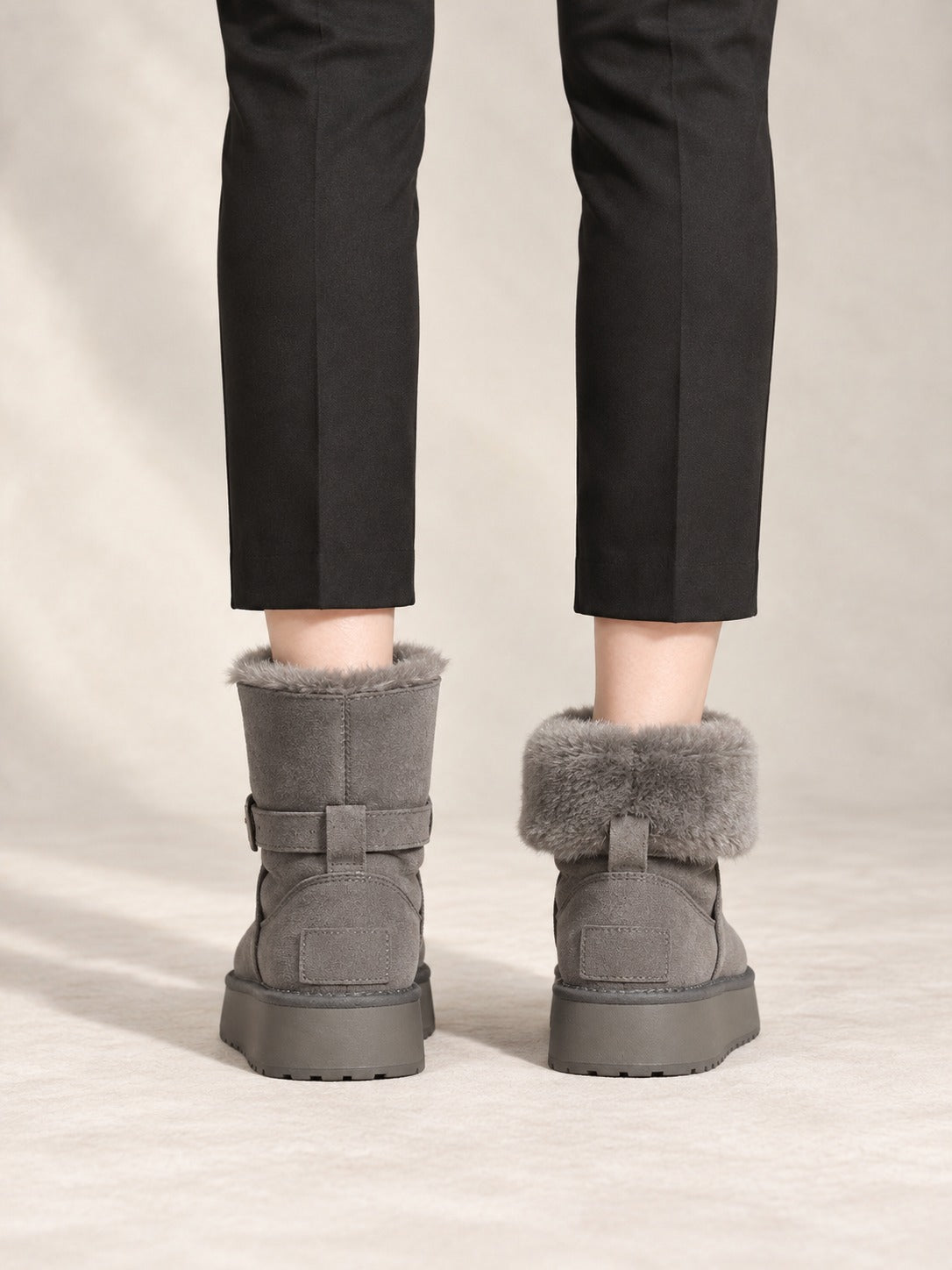 Plush Lined Ankle Snow Boots in Gray, back view