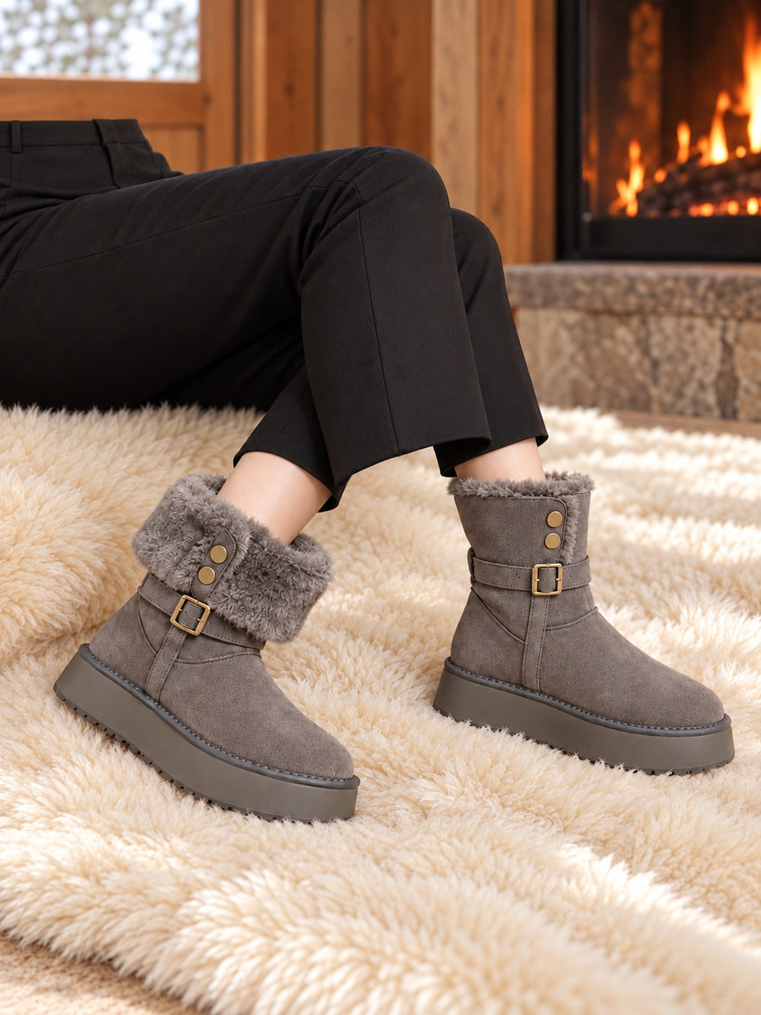 Plush Lined Ankle Snow Boots in Gray, lifestyle view