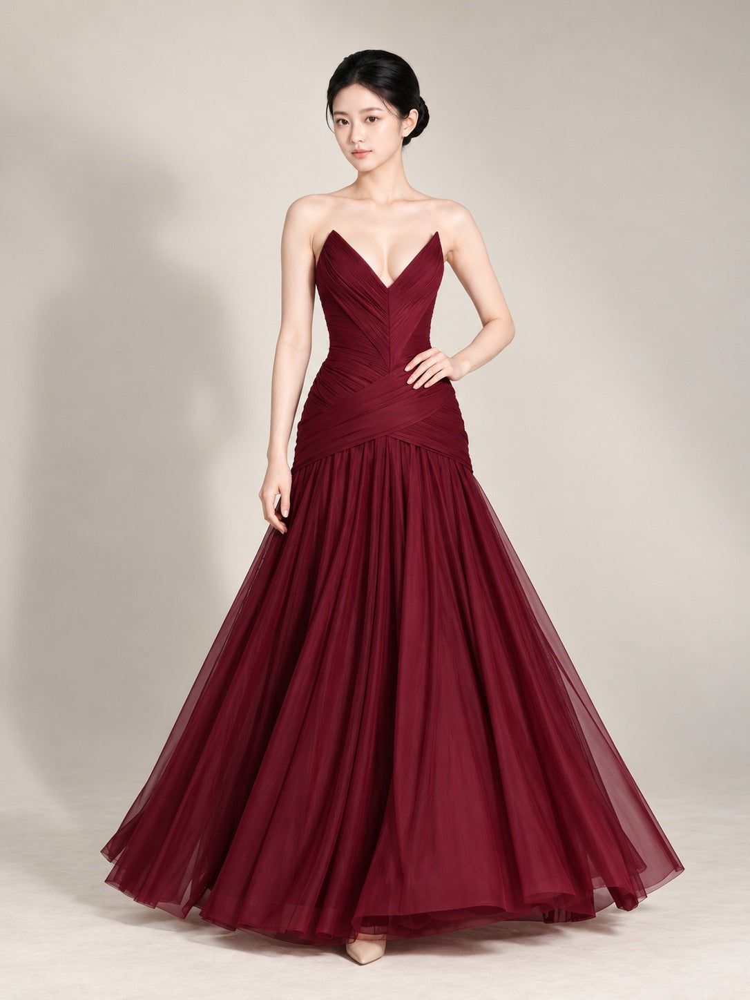 Wine Red Pleated Mesh Dress in Wine Red, front view