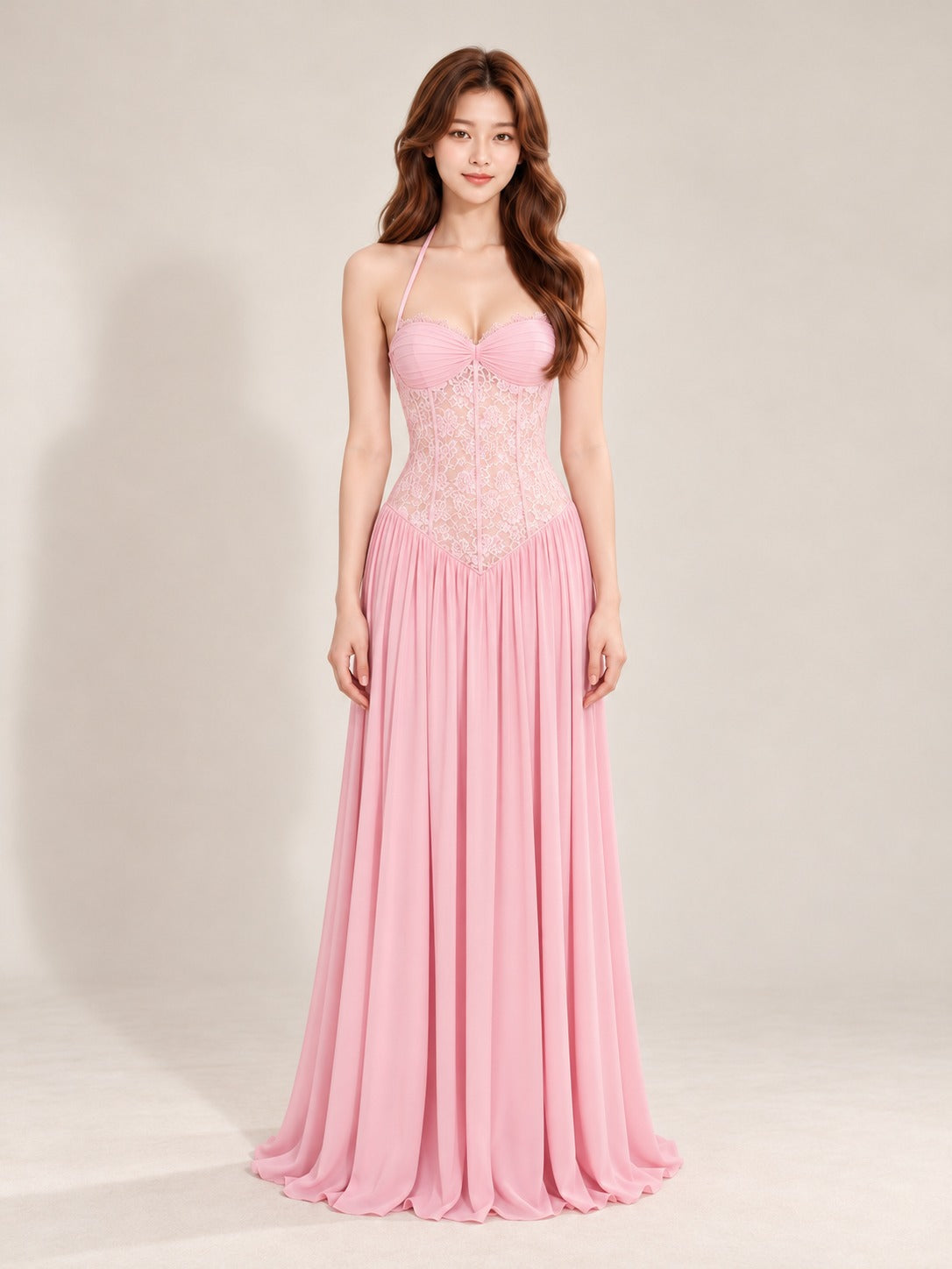 Lace Bodice Halter Gown in Pink, full-length front view