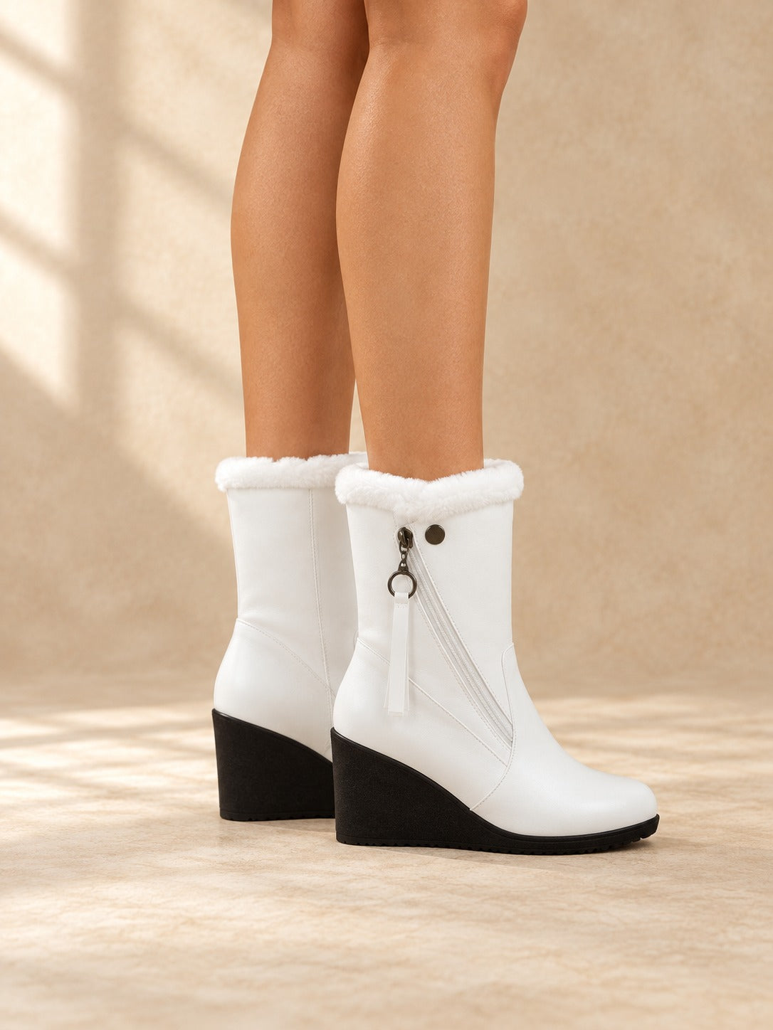 Plush-Lined Wedge Winter Boots in White, side view
