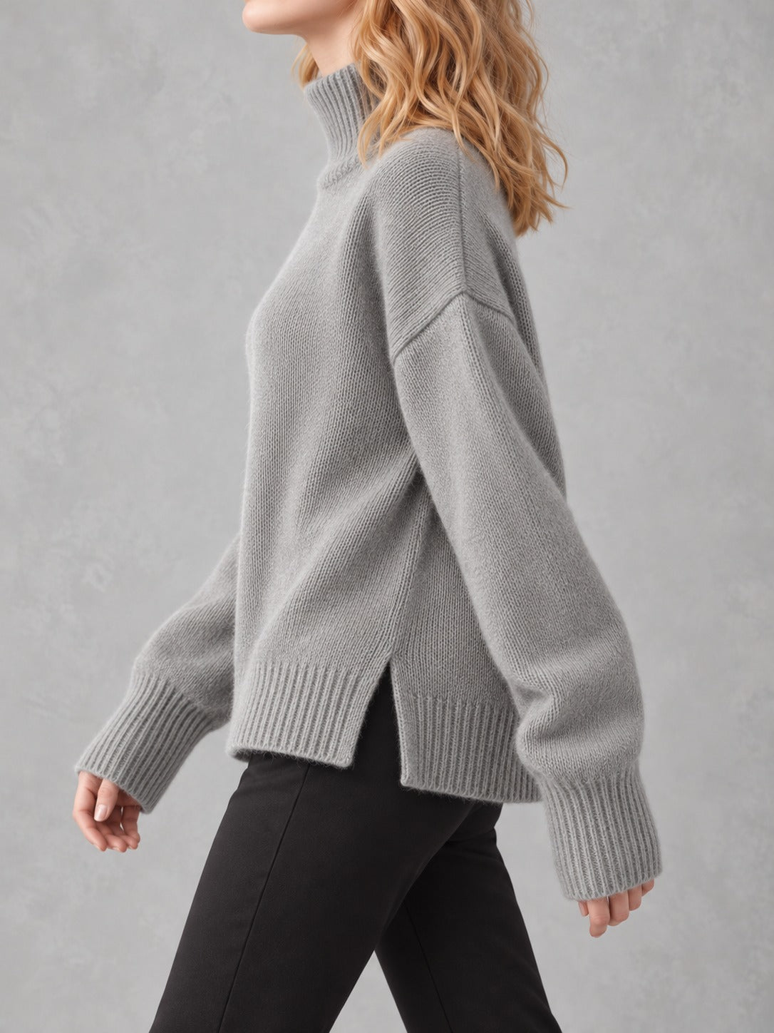 Slouchy Turtleneck Sweater in Light Gray, side view