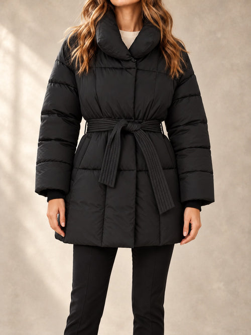 Belted Puffer Coat in Black, full-length front view
