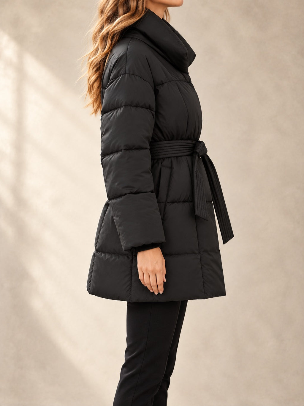 Belted Puffer Coat in Black, side view