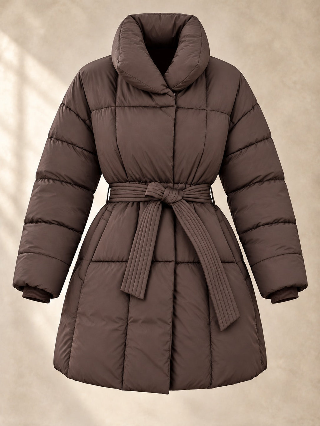 Belted Puffer Coat in Brown, product only