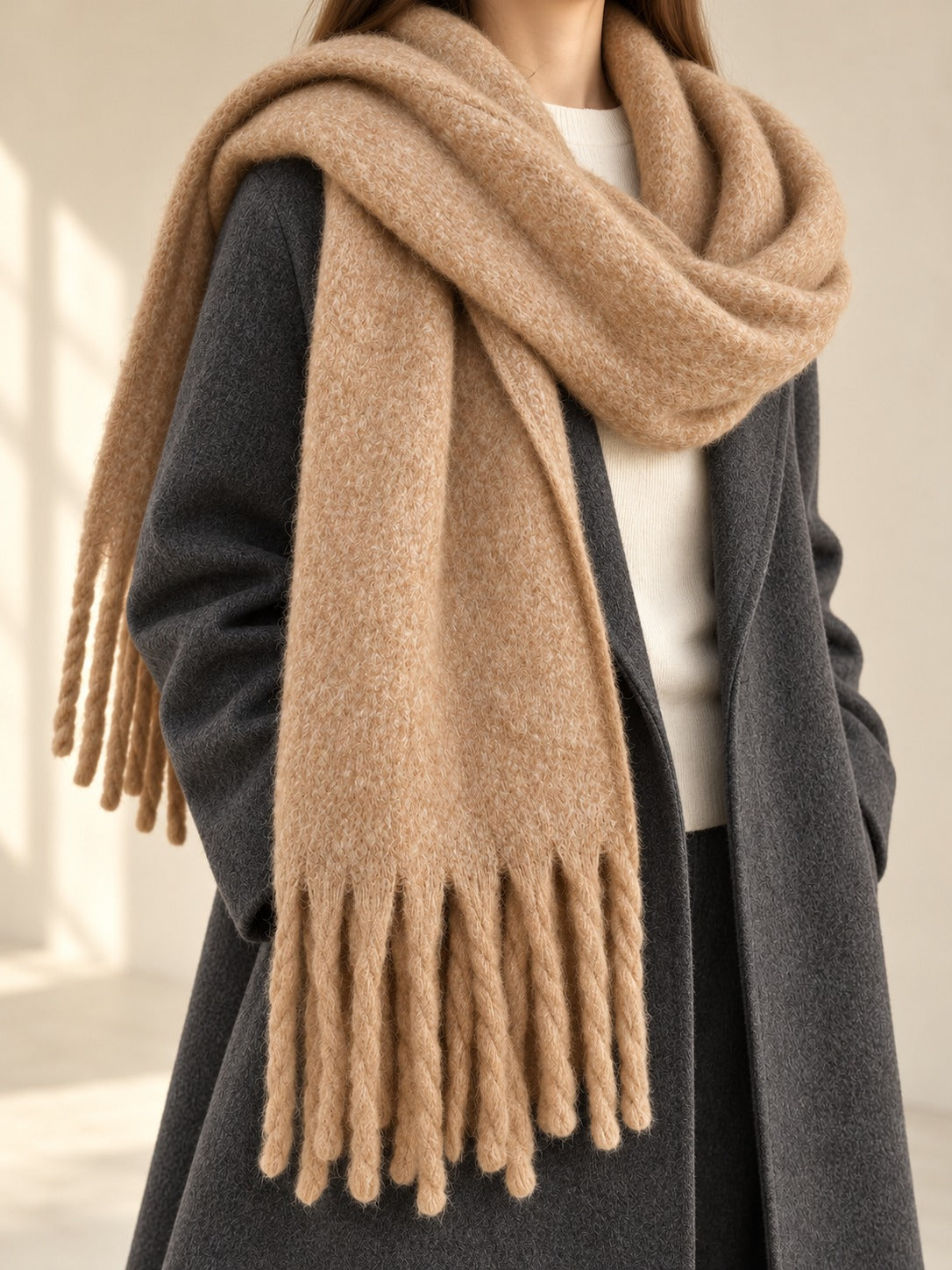 Extra-Long Brushed Scarf in Camel, styled on model